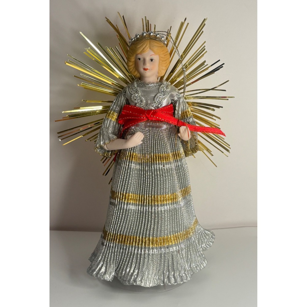 Vintage Porcelain Angel Christmas Tree Topper Silver Gold Metallic Gown 8.5"